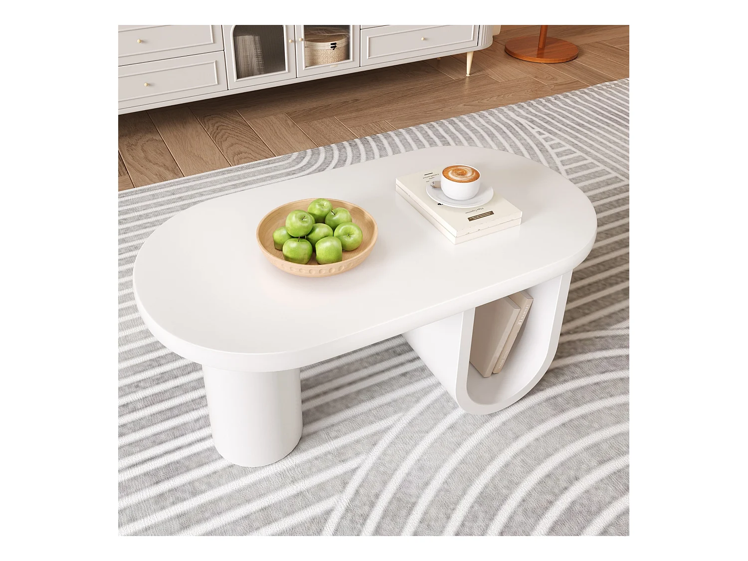 Mesa de centro ovalada 98,5x53,5x42cm con patas en forma de U, MDF, cuerpo lacado en blanco