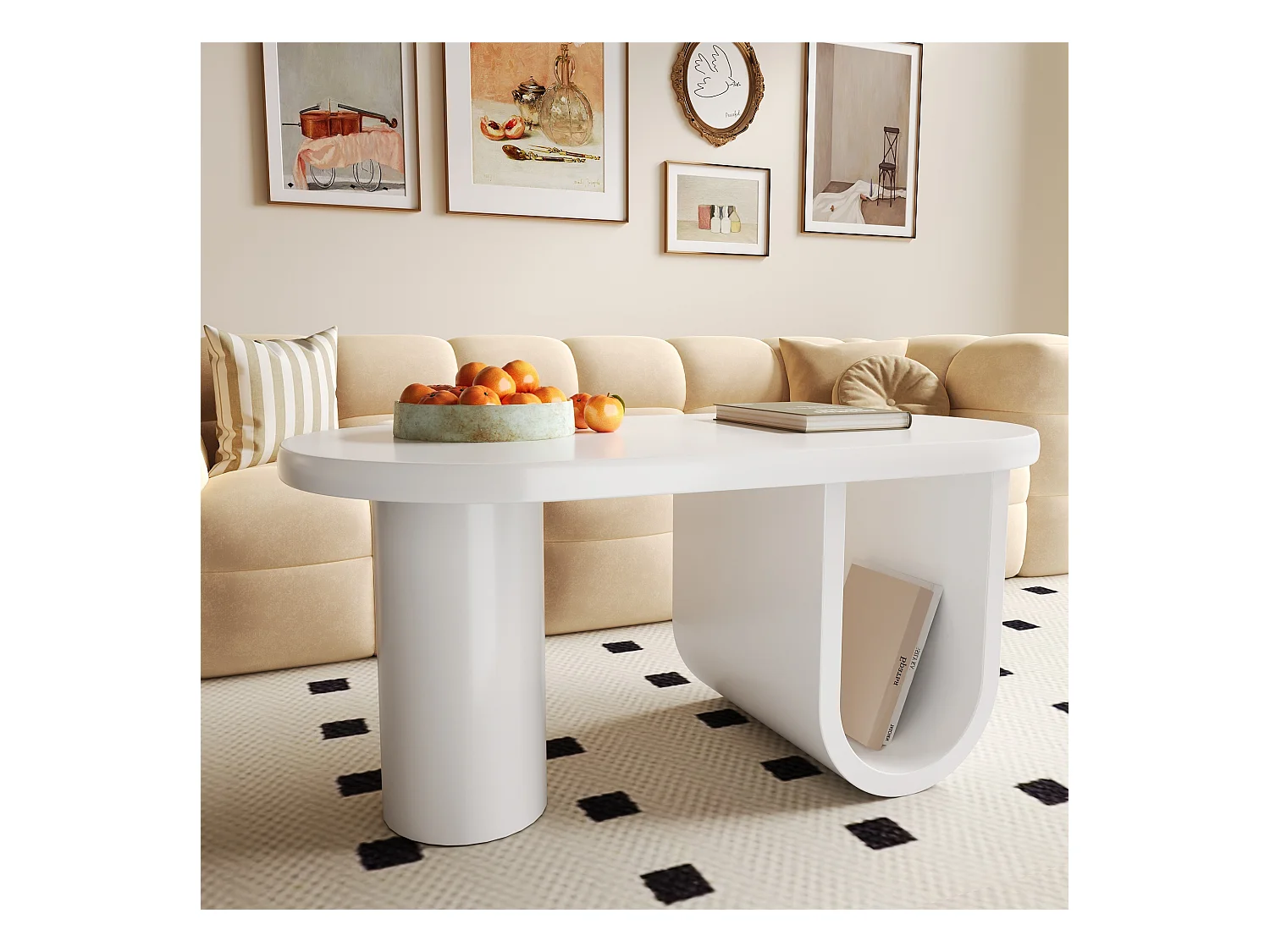 Mesa de centro ovalada 98,5x53,5x42cm con patas en forma de U, MDF, cuerpo lacado en blanco