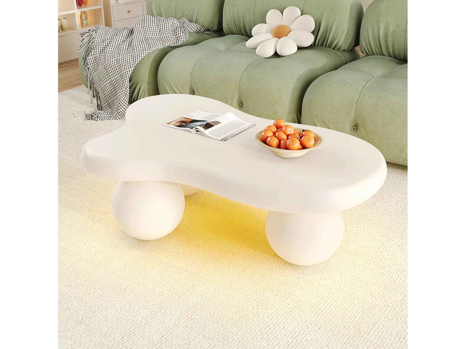 Salontafel 95x62,5x32cm met wolkvormig blad en 3 dikke poten, inclusief LED, wit