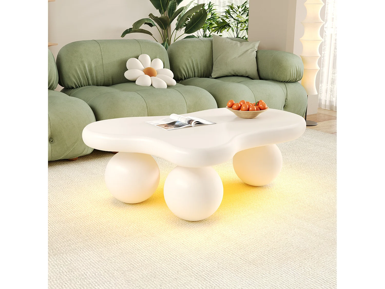 Salontafel 95x62,5x32cm met wolkvormig blad en 3 dikke poten, inclusief LED, wit