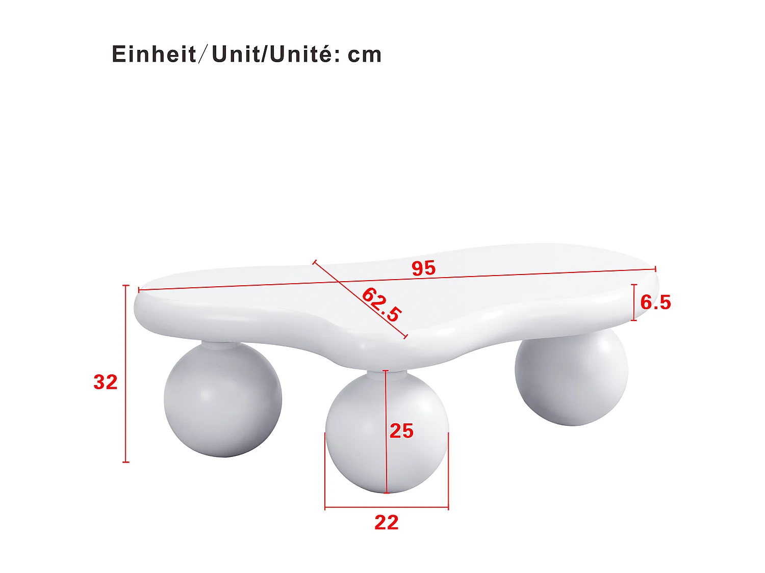 Salontafel 95x62,5x32cm met wolkvormig blad en 3 dikke poten, inclusief LED, wit