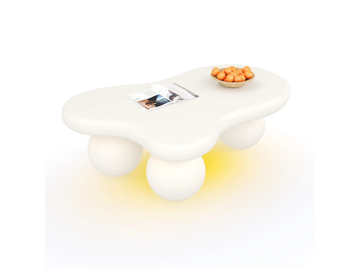 Salontafel 95x62,5x32cm met wolkvormig blad en 3 dikke poten, inclusief LED, wit