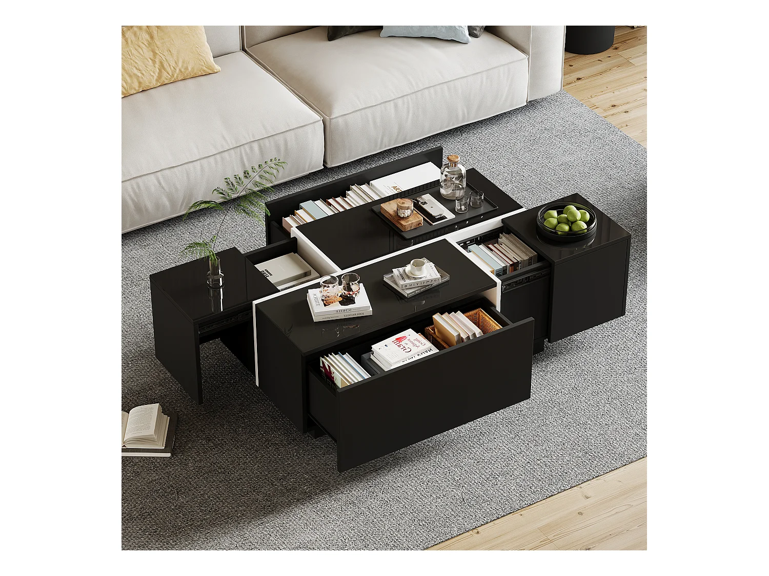 Mesa de centro rectangular 100x60x40cm con 4 cajones, cuerpo lacado en negro con detalles en blanco