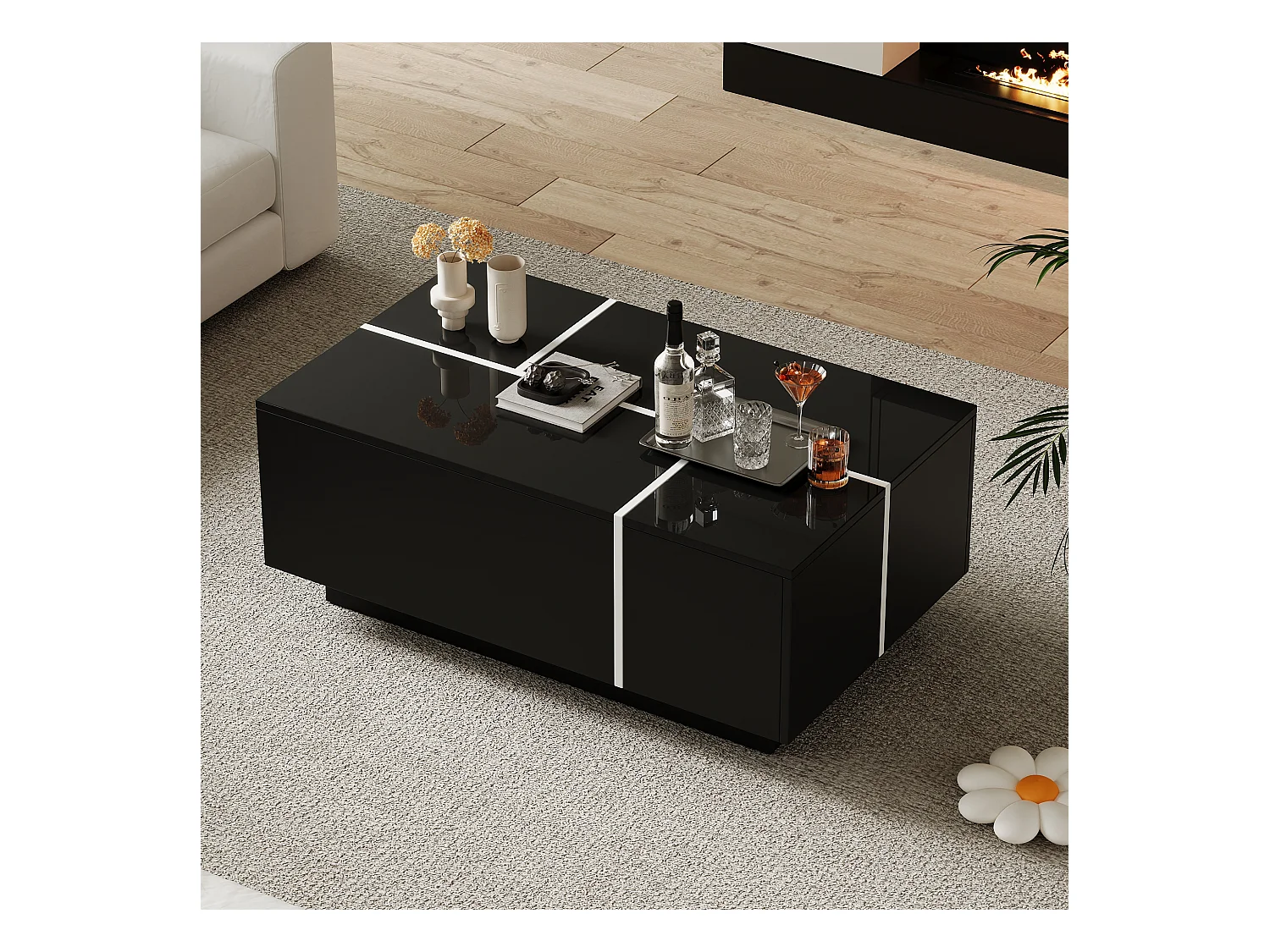 Table basse rectangle 100x60x40cm avec 4 tiroirs, corps en noir laqué avec les détails blancs