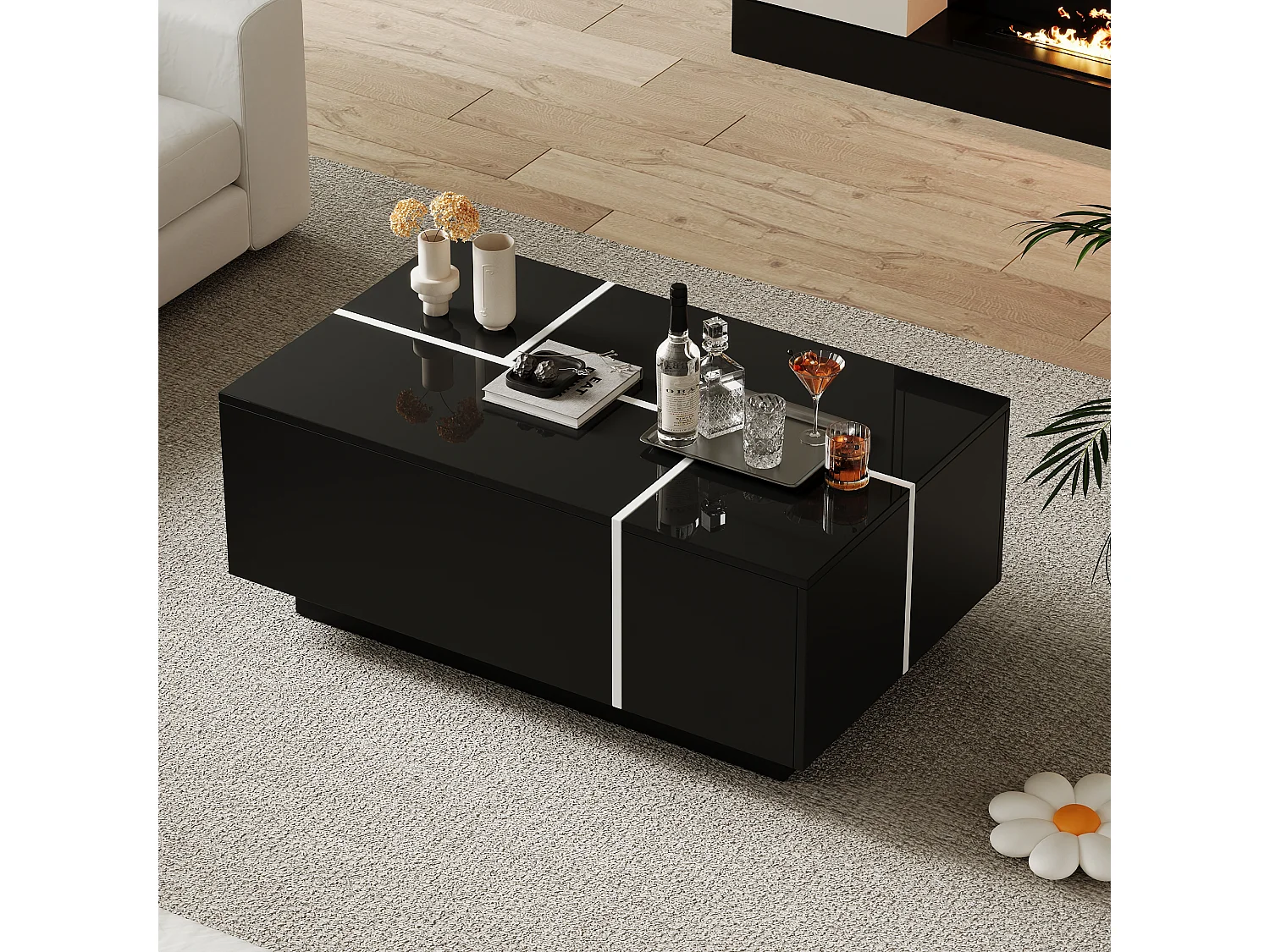 Table basse rectangle 100x60x40cm avec 4 tiroirs, corps en noir laqué avec les détails blancs