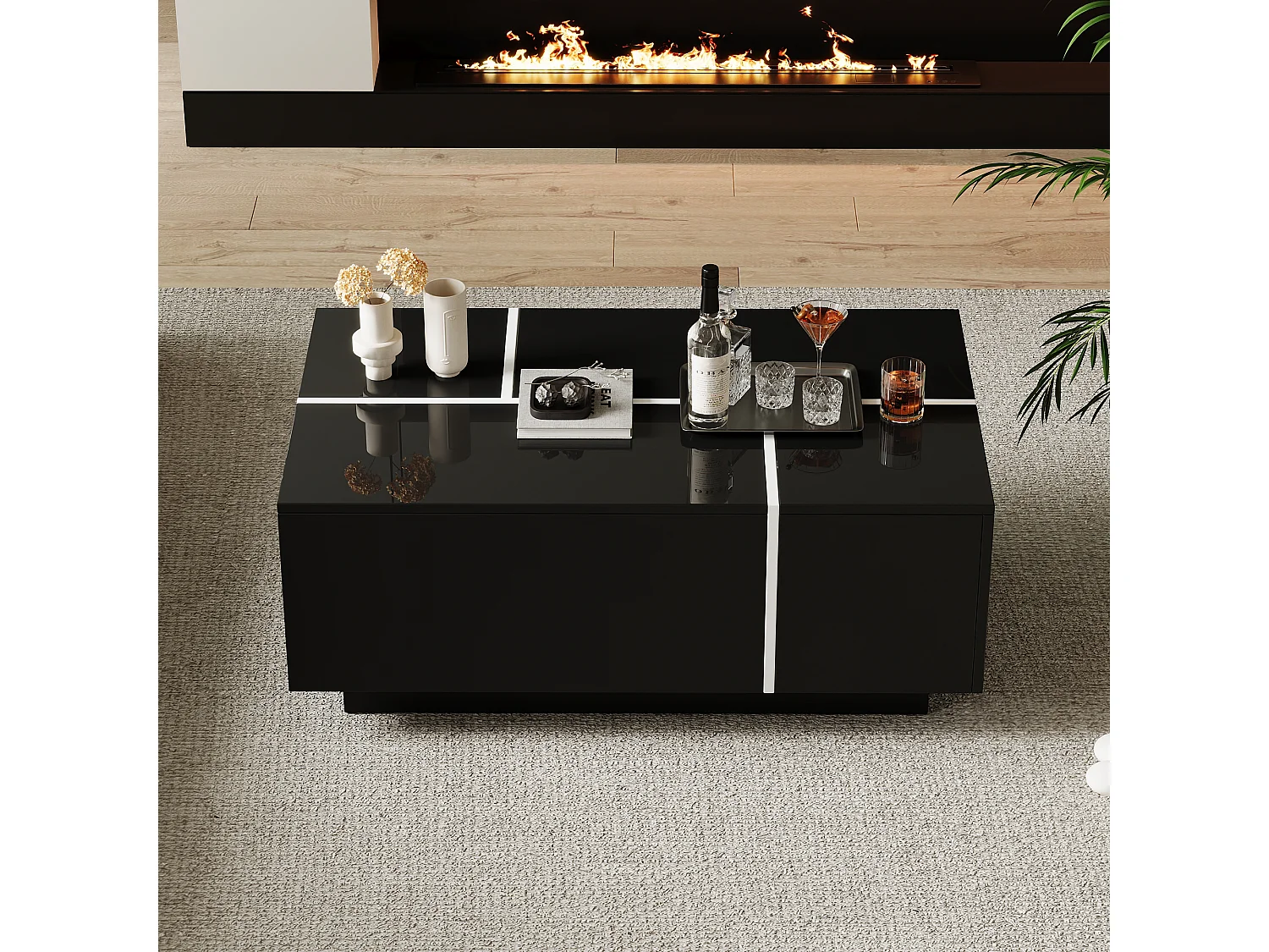 Table basse rectangle 100x60x40cm avec 4 tiroirs, corps en noir laqué avec les détails blancs