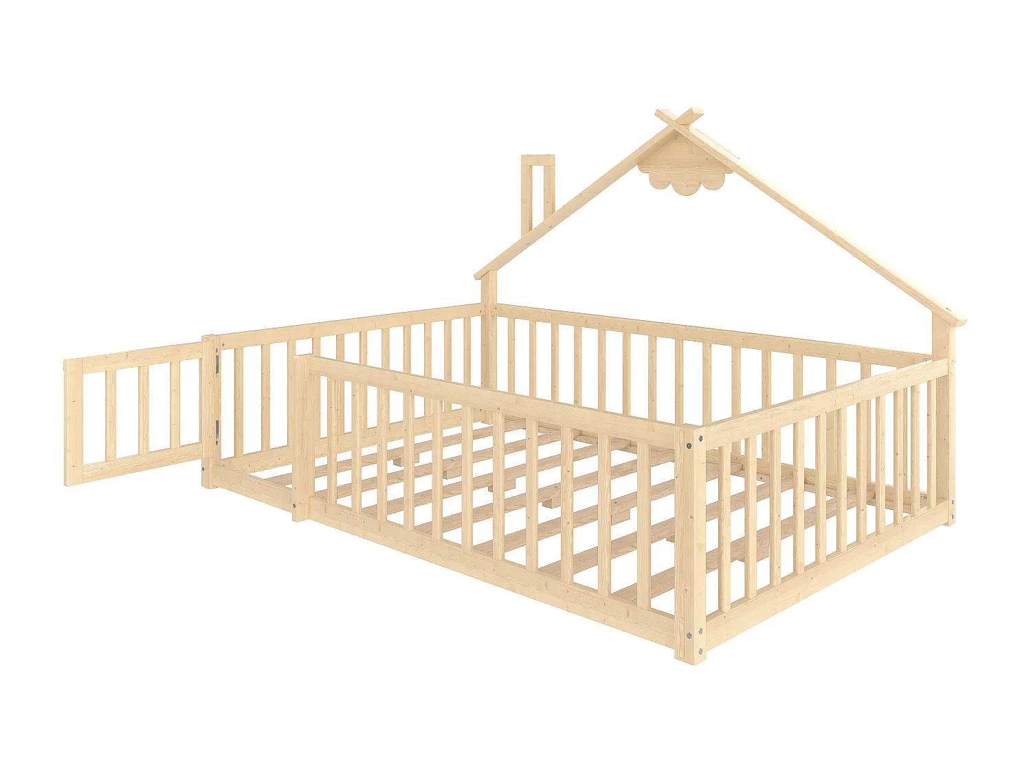 Lit cabane enfant 140x190cm, sommier à lattes, cadre en pin, sans matelas, naturel clair