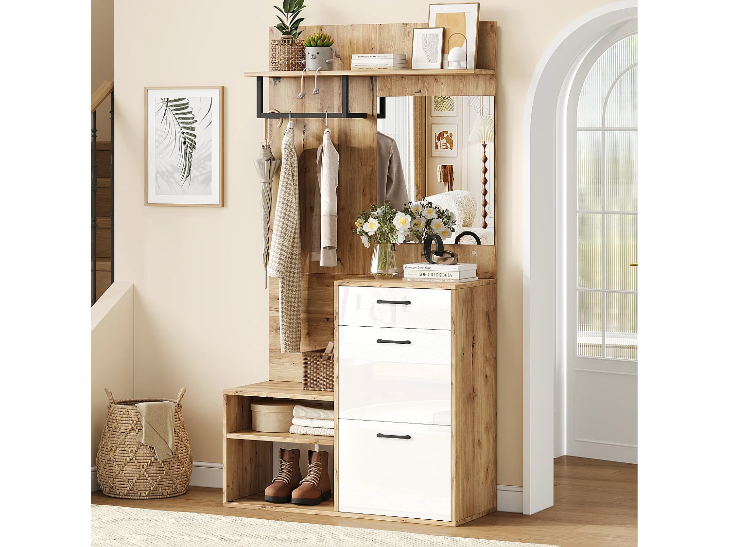 Set di mobili da ingresso 100x38,5x190cm con panca, cassetto, 2 ante e specchio, laccato naturale chiaro e bianco