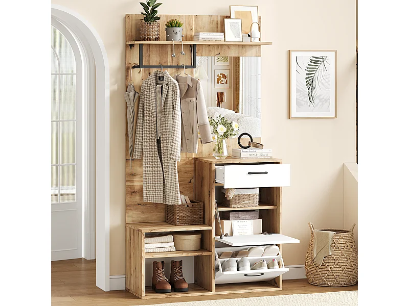 Set di mobili da ingresso 100x38,5x190cm con panca, cassetto, 2 ante e specchio, laccato naturale chiaro e bianco