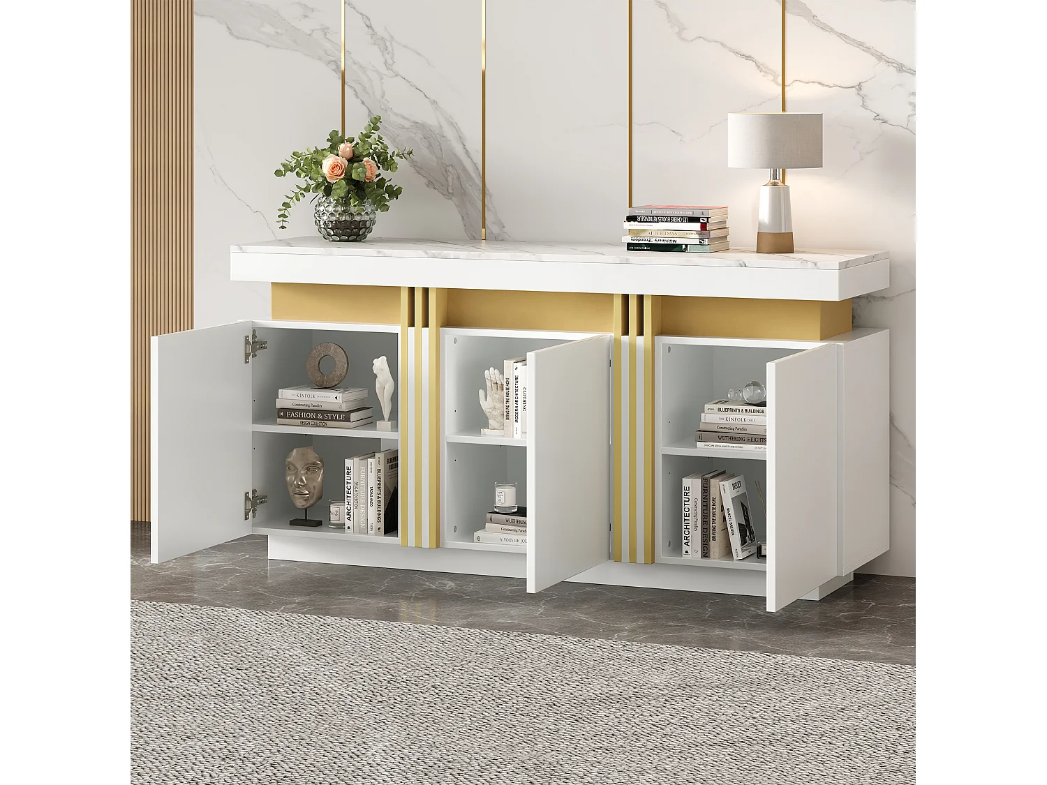 Buffet moderne 140x38x70cm avec 3 portes et plateau en effet marbre, blanc et doré