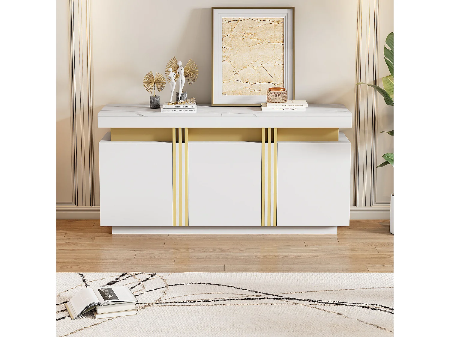 Buffet moderne 140x38x70cm avec 3 portes et plateau en effet marbre, blanc et doré