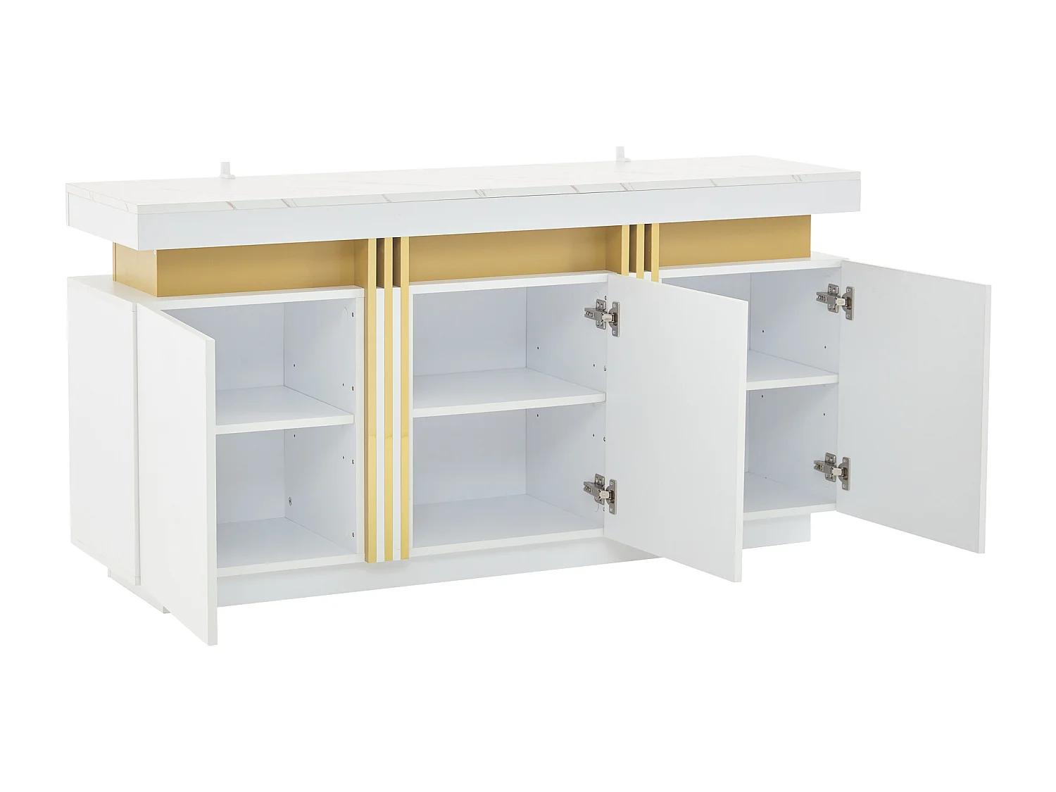 Buffet moderne 140x38x70cm avec 3 portes et plateau en effet marbre, blanc et doré