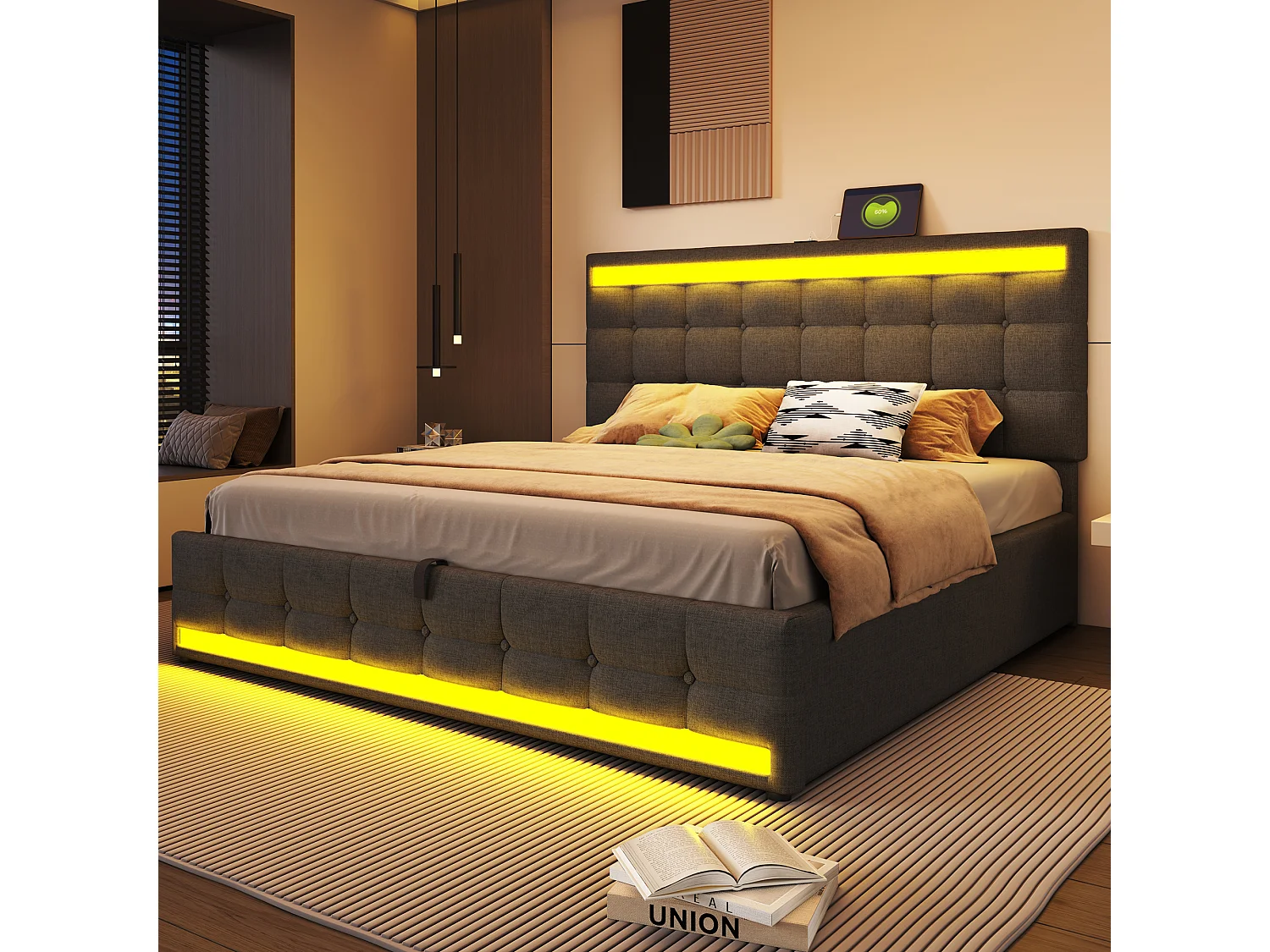 lit coffre adulte 180x200cm avec LED et USB, tête de lit réglable en hauteur, tissu en lin gris, sans matelas
