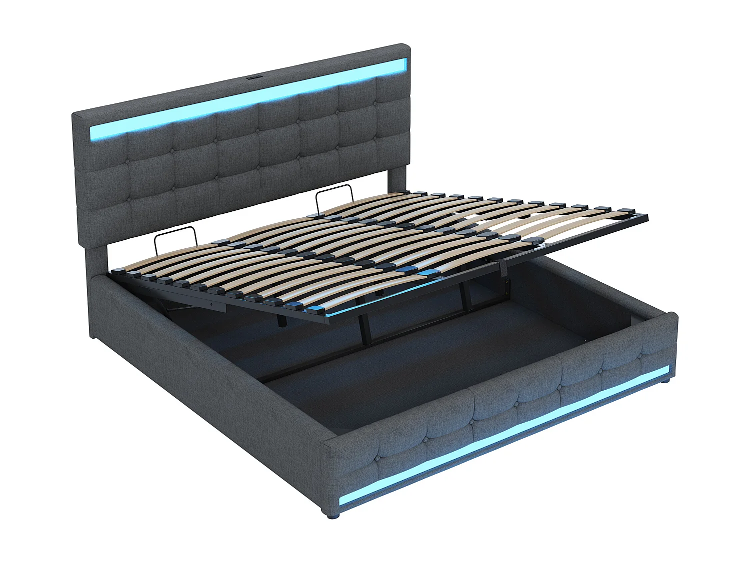 lit coffre adulte 180x200cm avec LED et USB, tête de lit réglable en hauteur, tissu en lin gris, sans matelas