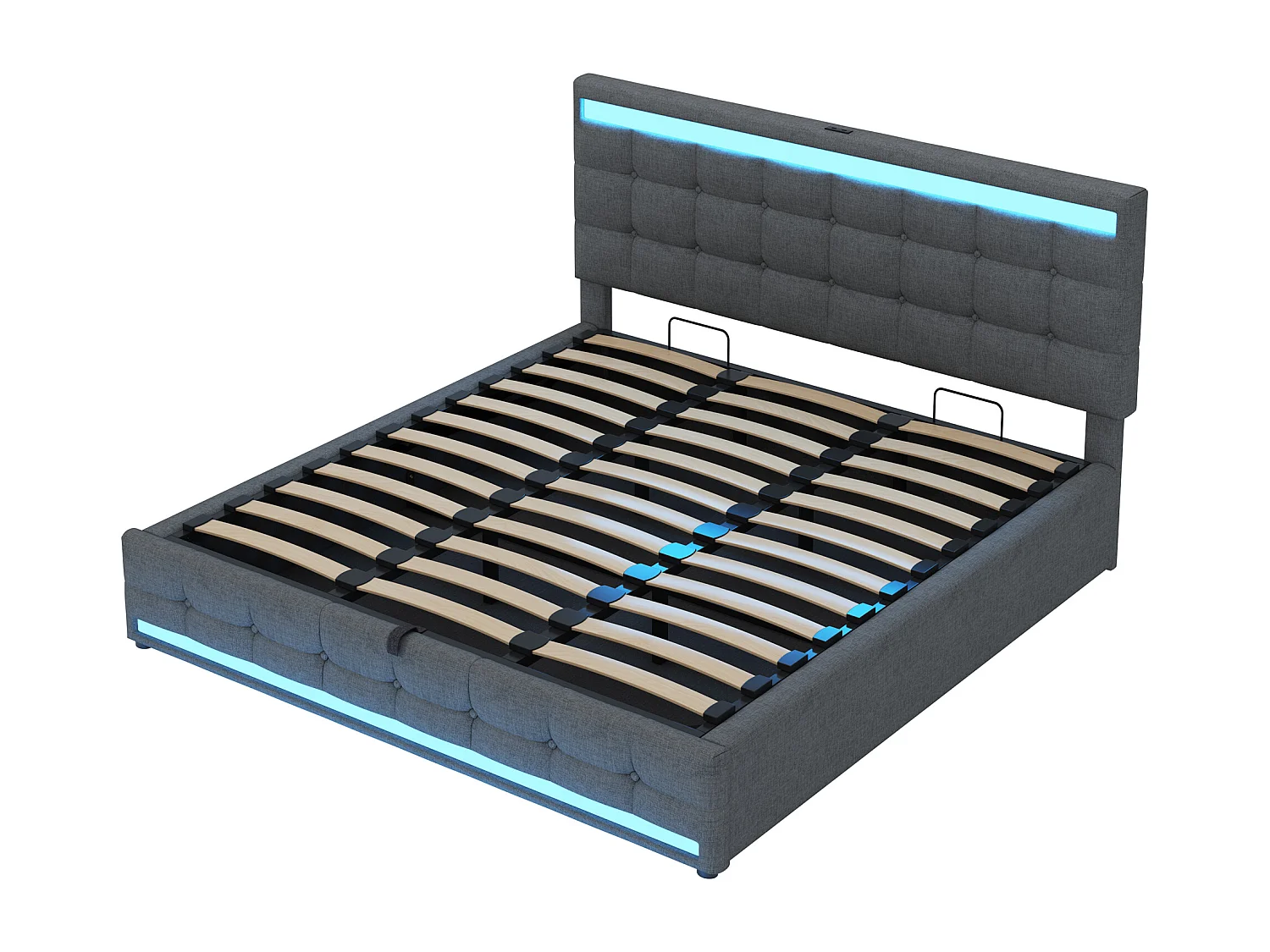 lit coffre adulte 180x200cm avec LED et USB, tête de lit réglable en hauteur, tissu en lin gris, sans matelas