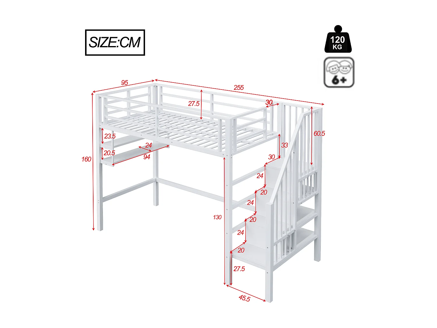 Letto a soppalco per bambini 90x200cm in metallo bianco, con scale e ripiani portaoggetti, rete inclusa, senza materasso