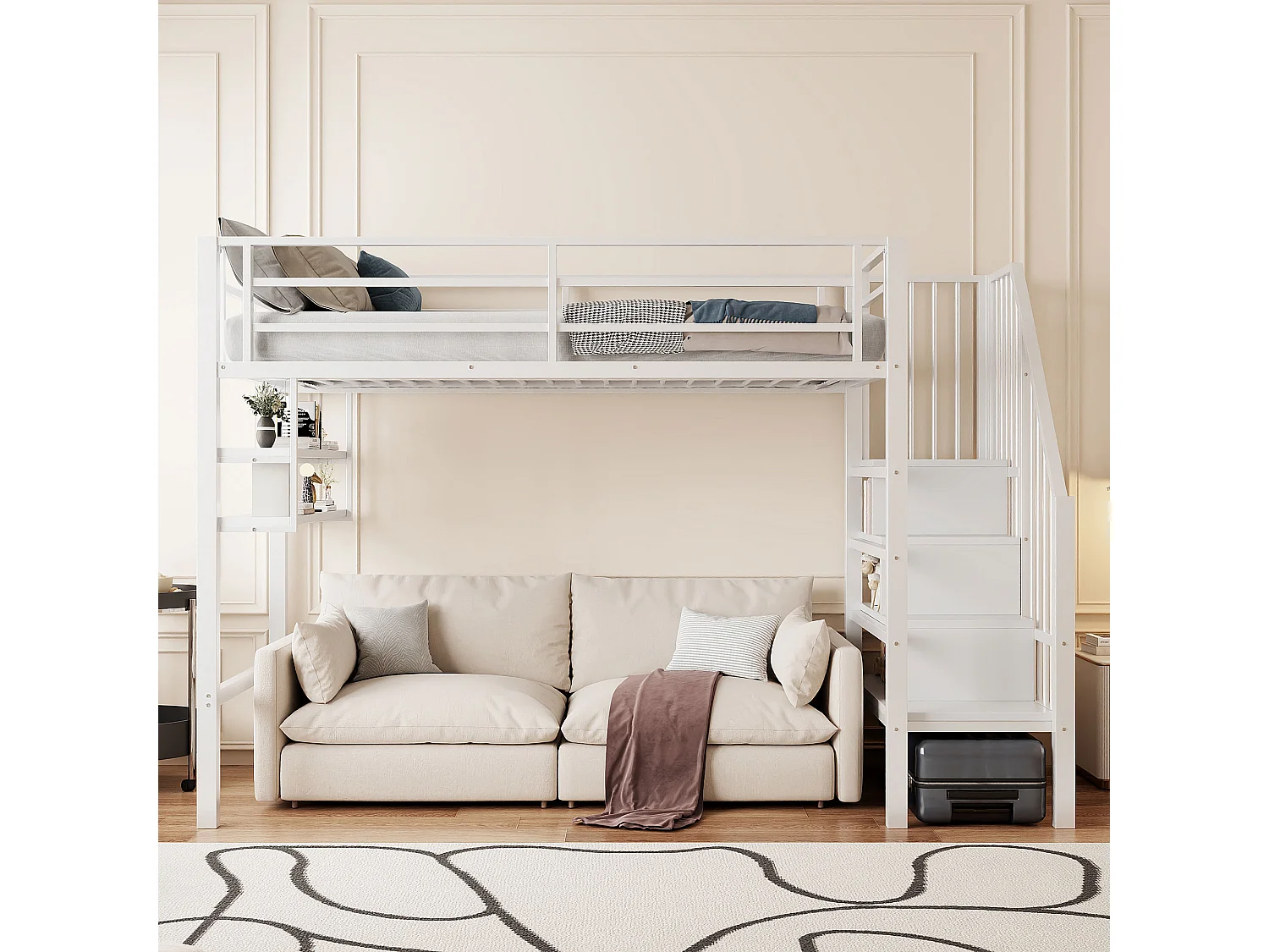 Letto a soppalco per bambini 90x200cm in metallo bianco, con scale e ripiani portaoggetti, rete inclusa, senza materasso