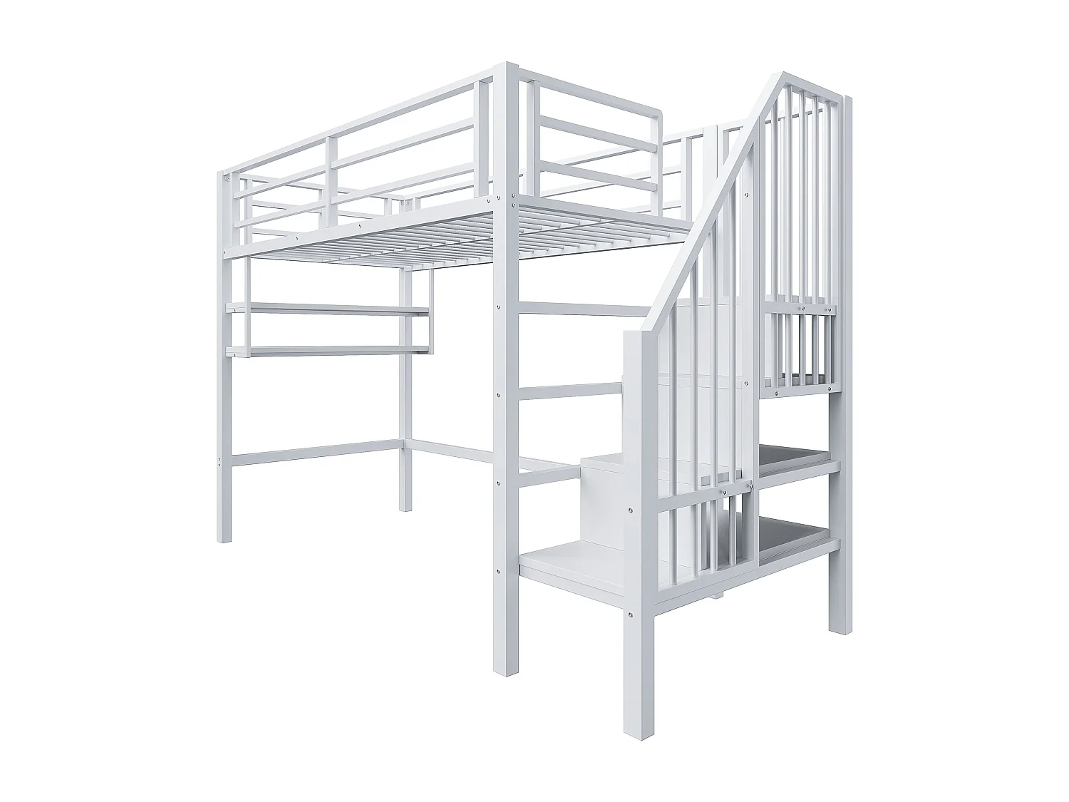 Letto a soppalco per bambini 90x200cm in metallo bianco, con scale e ripiani portaoggetti, rete inclusa, senza materasso