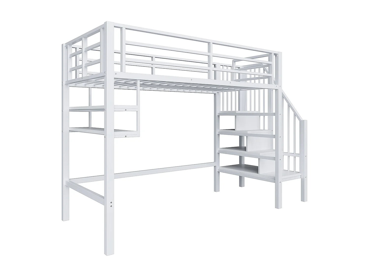 Letto a soppalco per bambini 90x200cm in metallo bianco, con scale e ripiani portaoggetti, rete inclusa, senza materasso