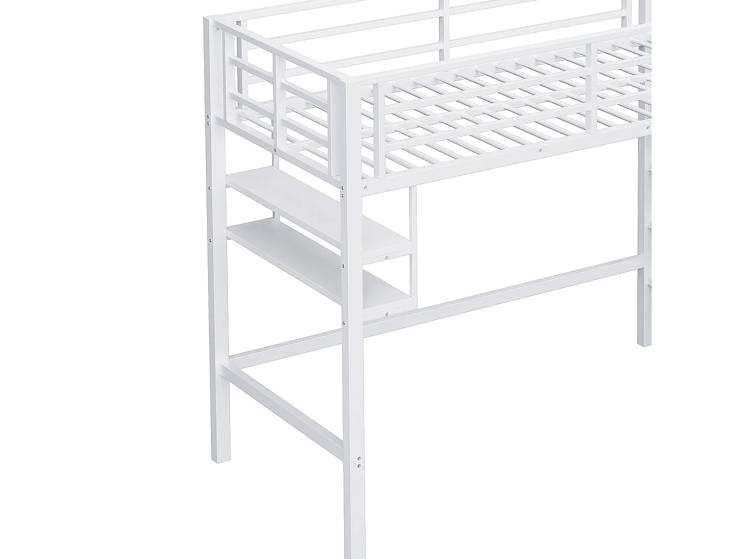 Letto a soppalco per bambini 90x200cm in metallo bianco, con scale e ripiani portaoggetti, rete inclusa, senza materasso