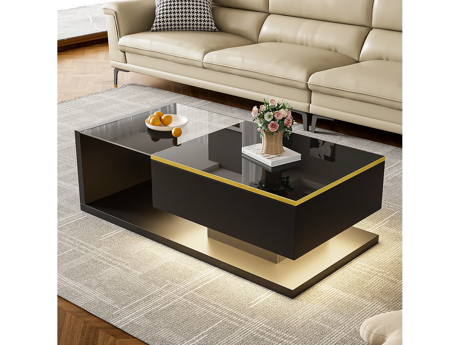 Tavolino rettangolare 100x50x32,5cm con vano contenitore, struttura nera e piano in vetro, LED incluso