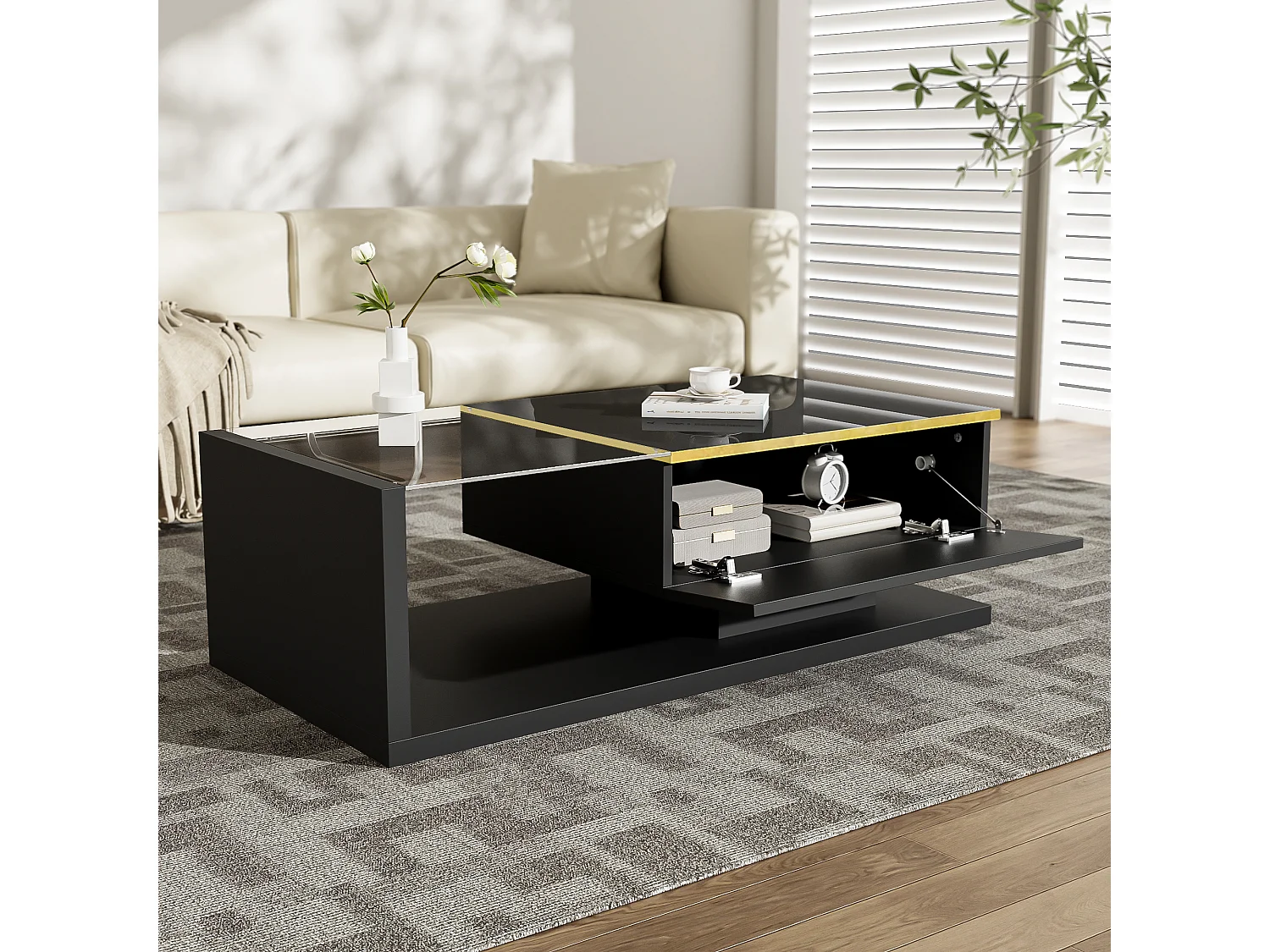 Tavolino rettangolare 100x50x32,5cm con vano contenitore, struttura nera e piano in vetro, LED incluso