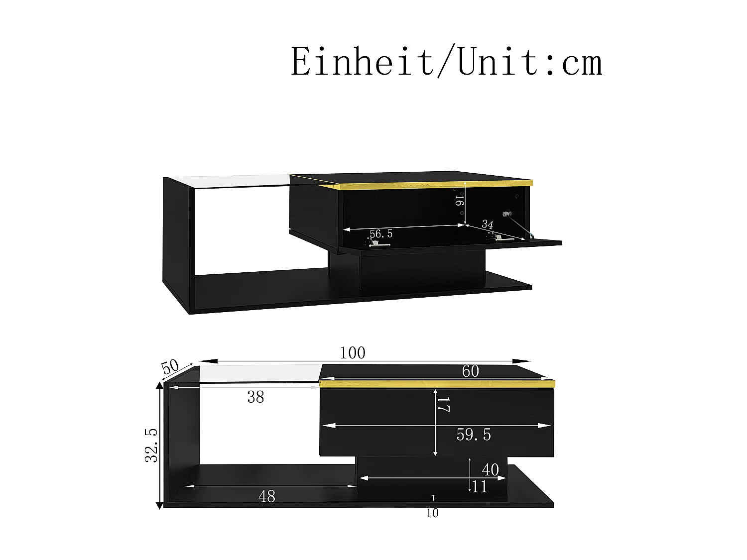 Tavolino rettangolare 100x50x32,5cm con vano contenitore, struttura nera e piano in vetro, LED incluso