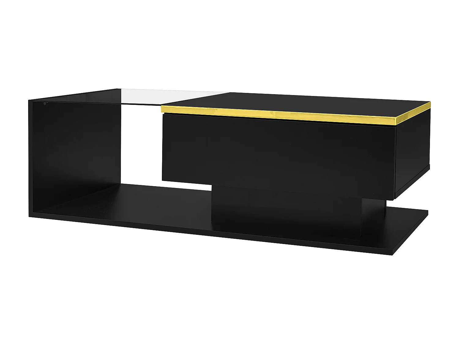 Tavolino rettangolare 100x50x32,5cm con vano contenitore, struttura nera e piano in vetro, LED incluso