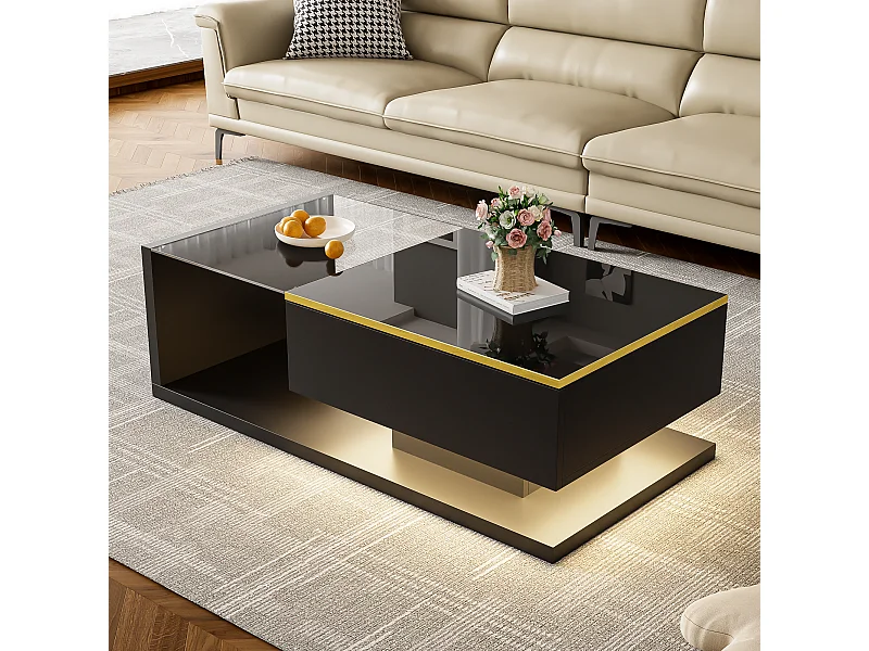 Tavolino rettangolare 100x50x32,5cm con vano contenitore, struttura nera e piano in vetro, LED incluso