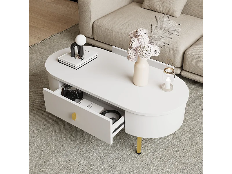 Ovale salontafel 108x50x40 met 2 lades, frame in witte lak met handgrepen en poten in goudkleurig metaal