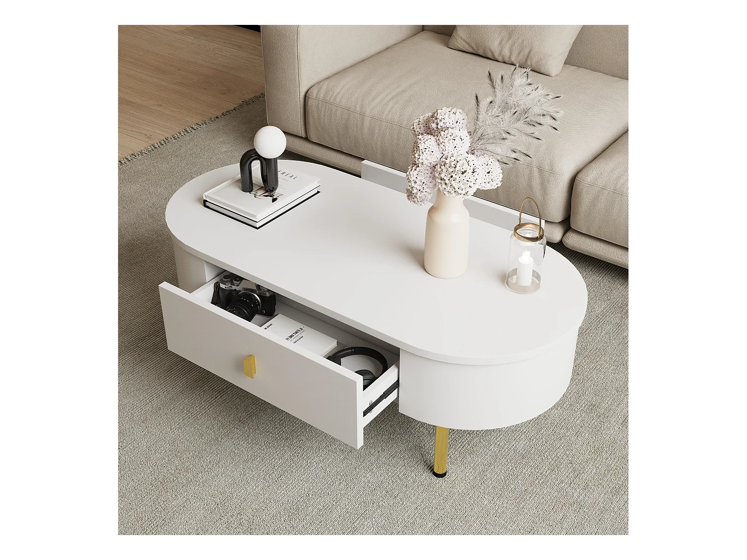 Table basse ovale 108x50x40 avec 2 tiroirs, corps en blanc laqué avec les poignées et pieds en métal doré