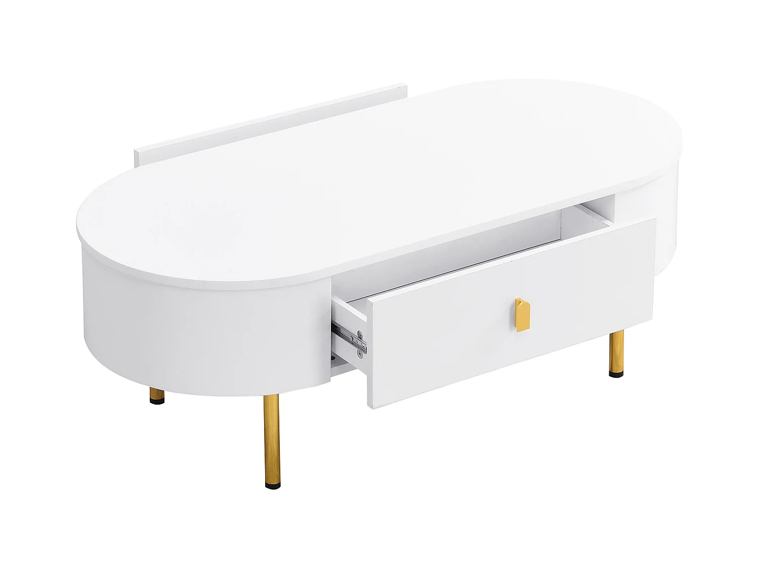 Table basse ovale 108x50x40 avec 2 tiroirs, corps en blanc laqué avec les poignées et pieds en métal doré
