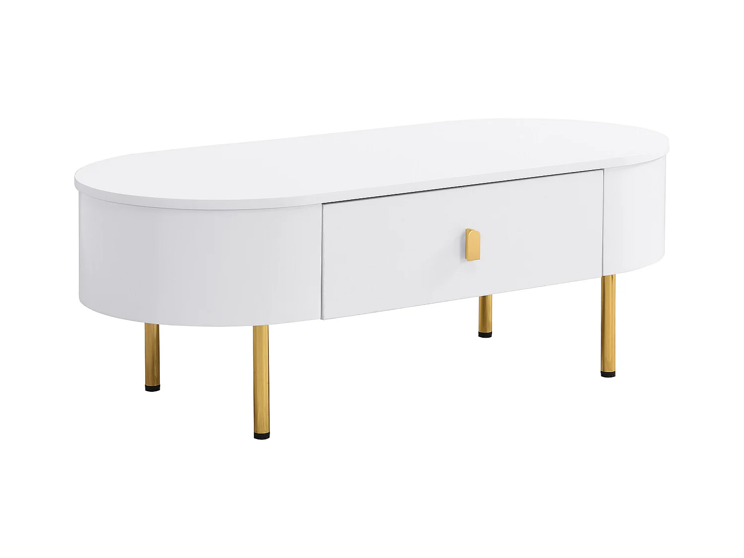 Table basse ovale 108x50x40 avec 2 tiroirs, corps en blanc laqué avec les poignées et pieds en métal doré