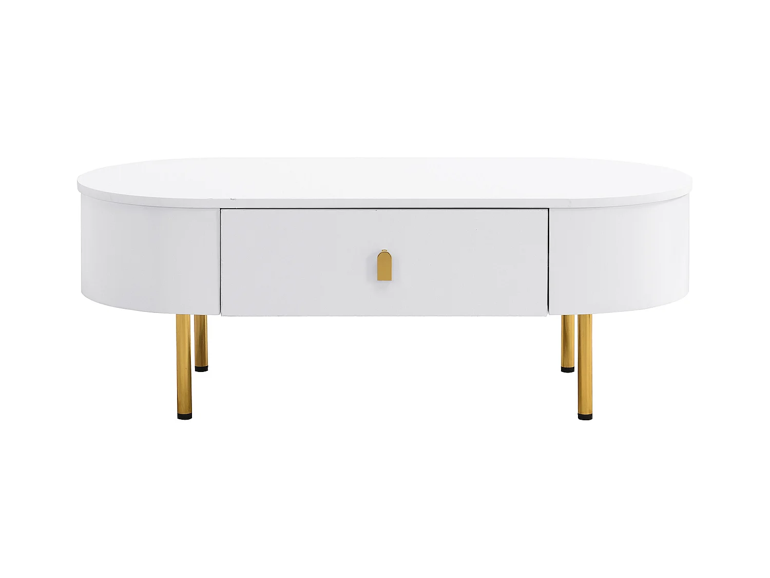Table basse ovale 108x50x40 avec 2 tiroirs, corps en blanc laqué avec les poignées et pieds en métal doré