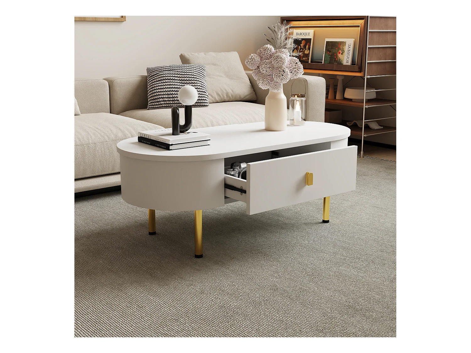 Ovale salontafel 108x50x40 met 2 lades, frame in witte lak met handgrepen en poten in goudkleurig metaal