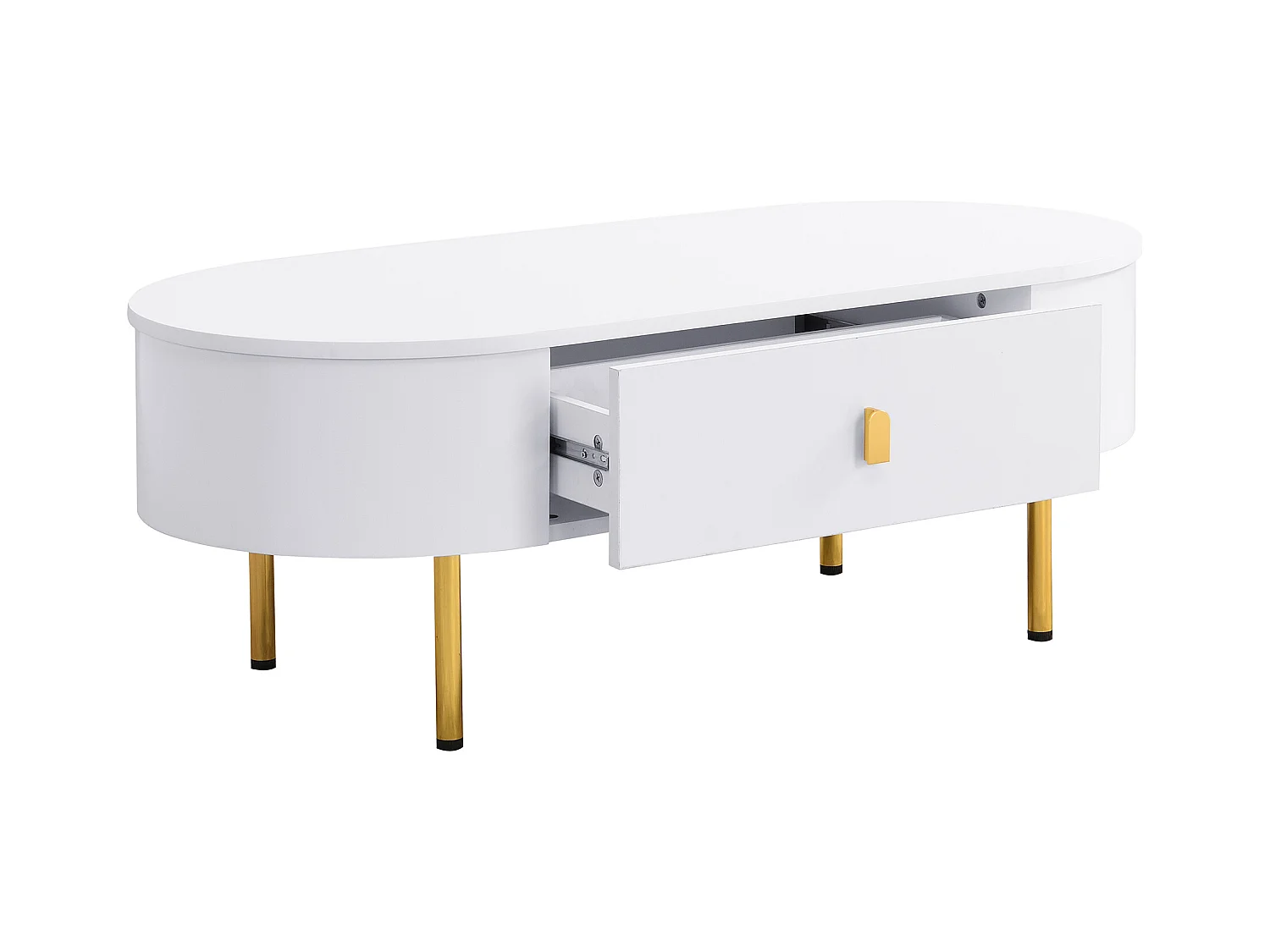 Ovale salontafel 108x50x40 met 2 lades, frame in witte lak met handgrepen en poten in goudkleurig metaal