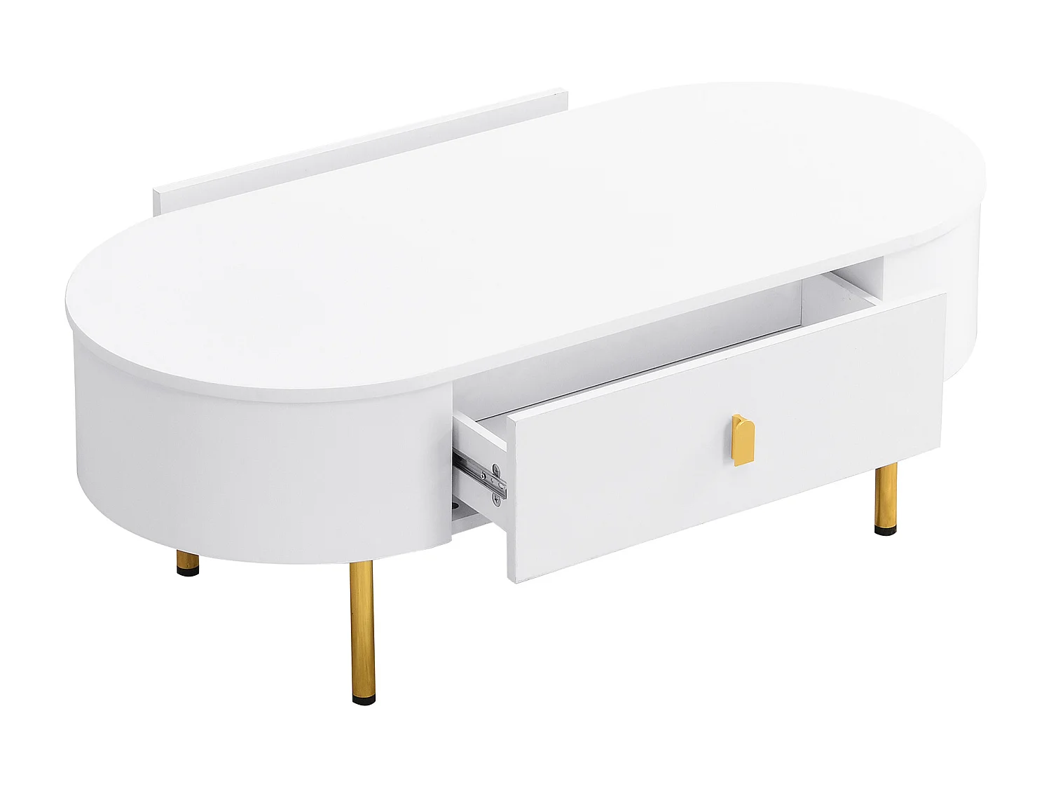 Tavolino ovale 108x50x40 con 2 cassetti, corpo laccato bianco con maniglie e gambe in metallo dorato