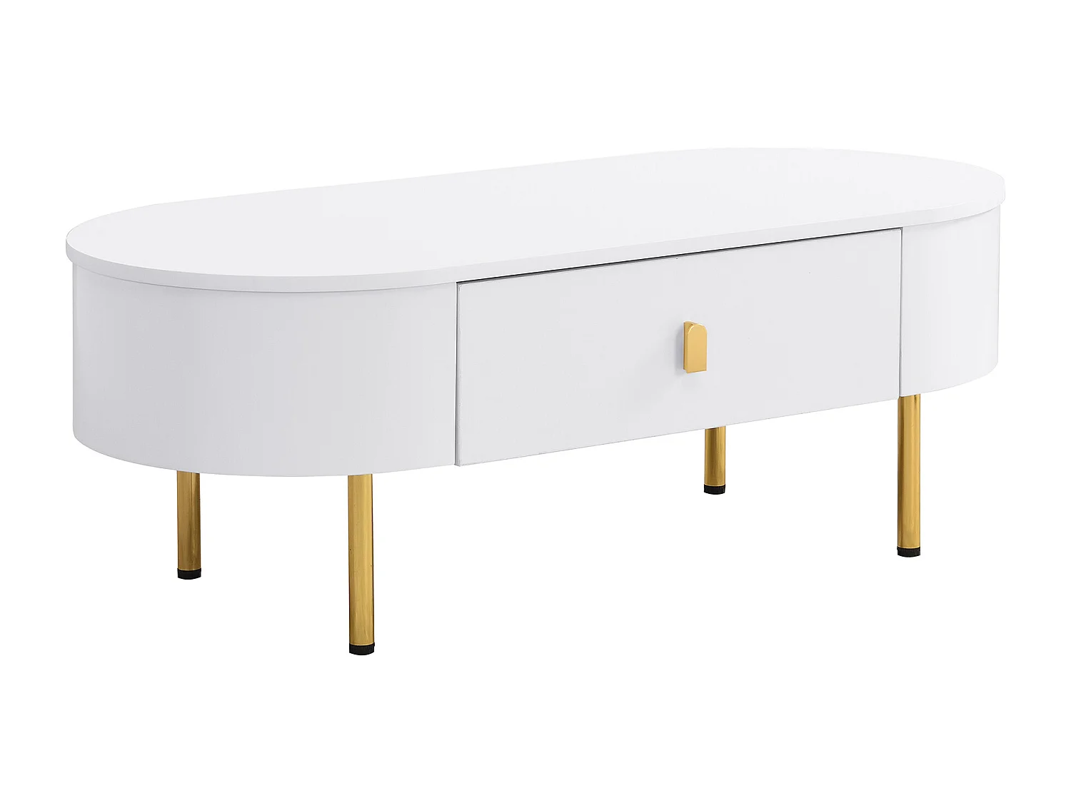 Tavolino ovale 108x50x40 con 2 cassetti, corpo laccato bianco con maniglie e gambe in metallo dorato