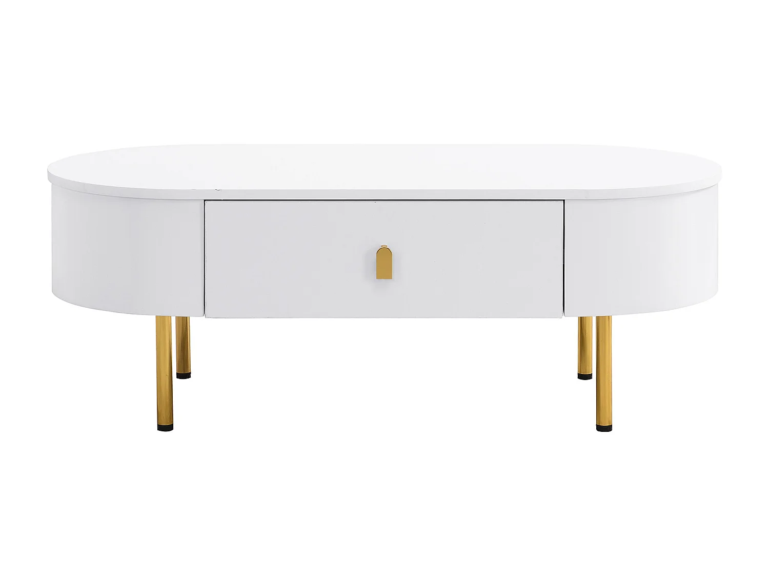 Tavolino ovale 108x50x40 con 2 cassetti, corpo laccato bianco con maniglie e gambe in metallo dorato