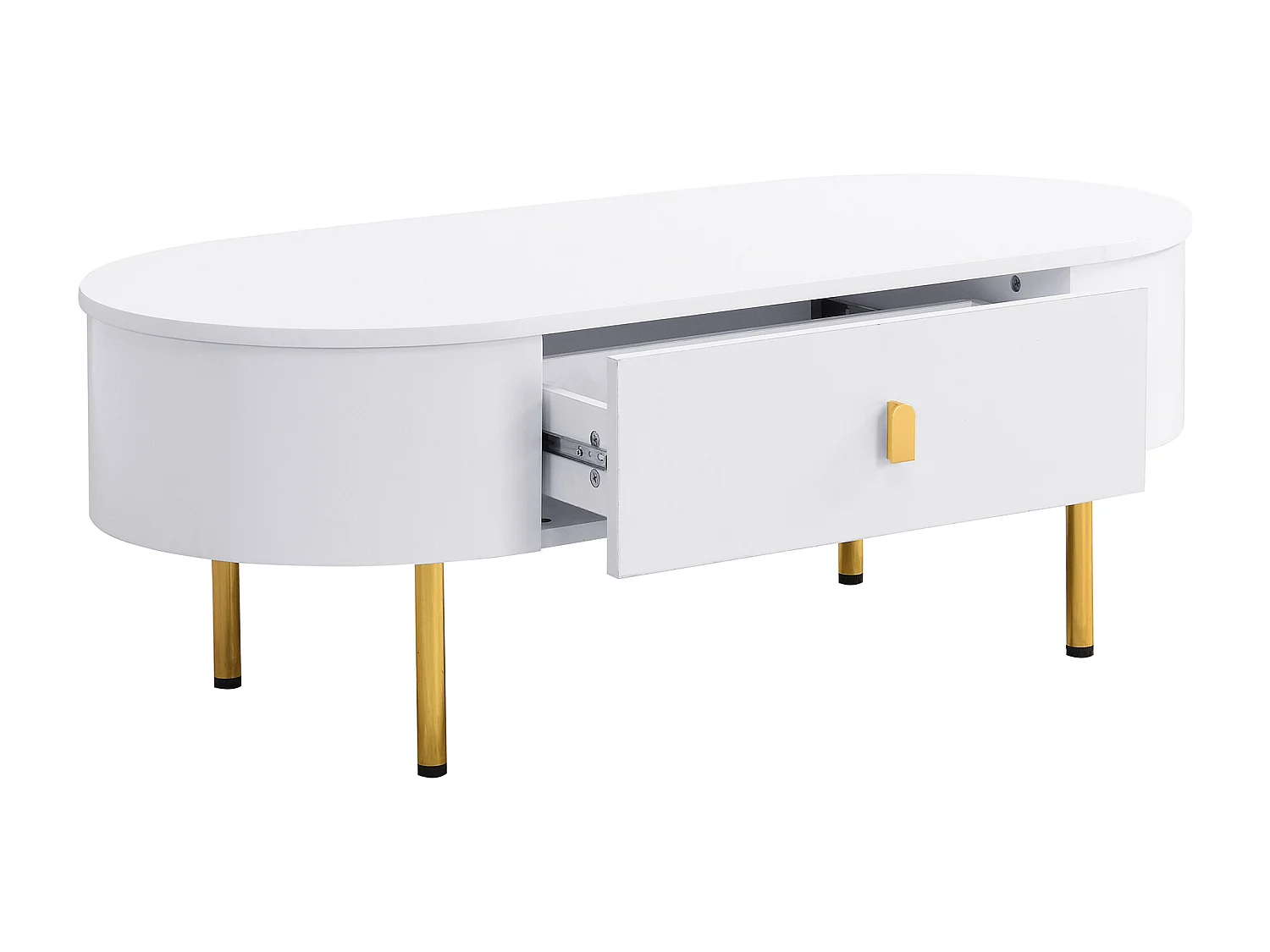 Tavolino ovale 108x50x40 con 2 cassetti, corpo laccato bianco con maniglie e gambe in metallo dorato