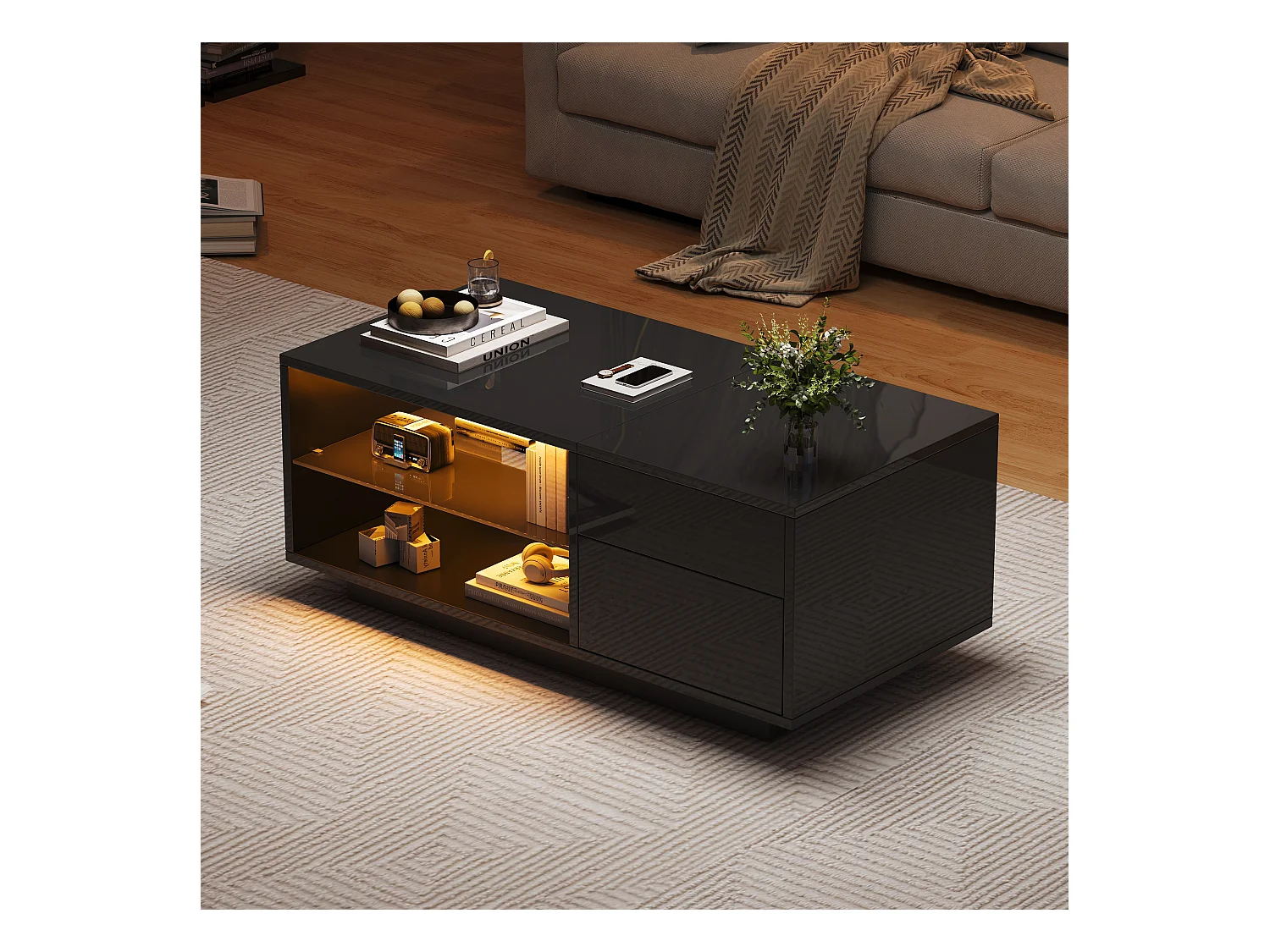 Mesa de centro rectangular 100x49x40cm con tapa elevable y 1 cajón, estante de cristal, LED incluido, cuerpo en lacado negro brillo