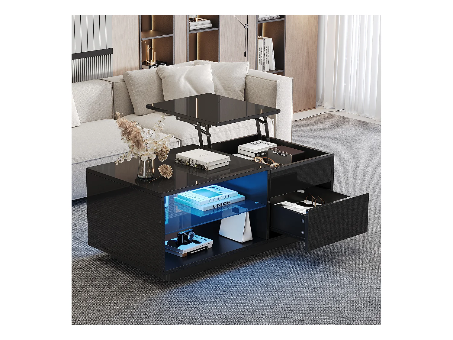 Mesa de centro rectangular 100x49x40cm con tapa elevable y 1 cajón, estante de cristal, LED incluido, cuerpo en lacado negro brillo