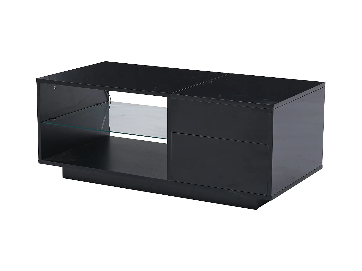 Mesa de centro rectangular 100x49x40cm con tapa elevable y 1 cajón, estante de cristal, LED incluido, cuerpo en lacado negro brillo