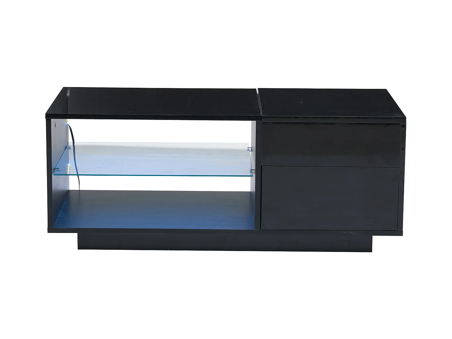Mesa de centro rectangular 100x49x40cm con tapa elevable y 1 cajón, estante de cristal, LED incluido, cuerpo en lacado negro brillo