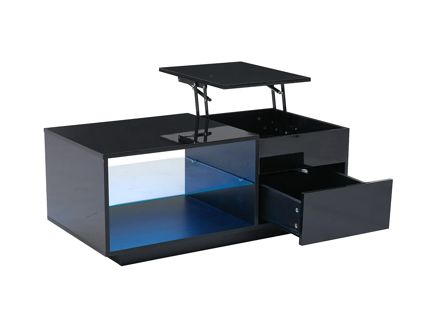 Mesa de centro rectangular 100x49x40cm con tapa elevable y 1 cajón, estante de cristal, LED incluido, cuerpo en lacado negro brillo