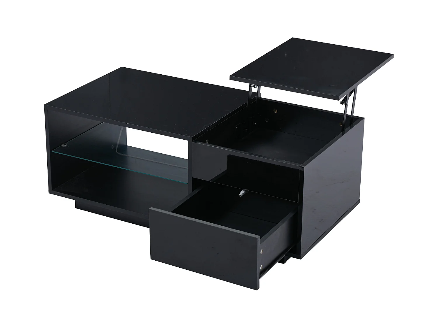 Mesa de centro rectangular 100x49x40cm con tapa elevable y 1 cajón, estante de cristal, LED incluido, cuerpo en lacado negro brillo