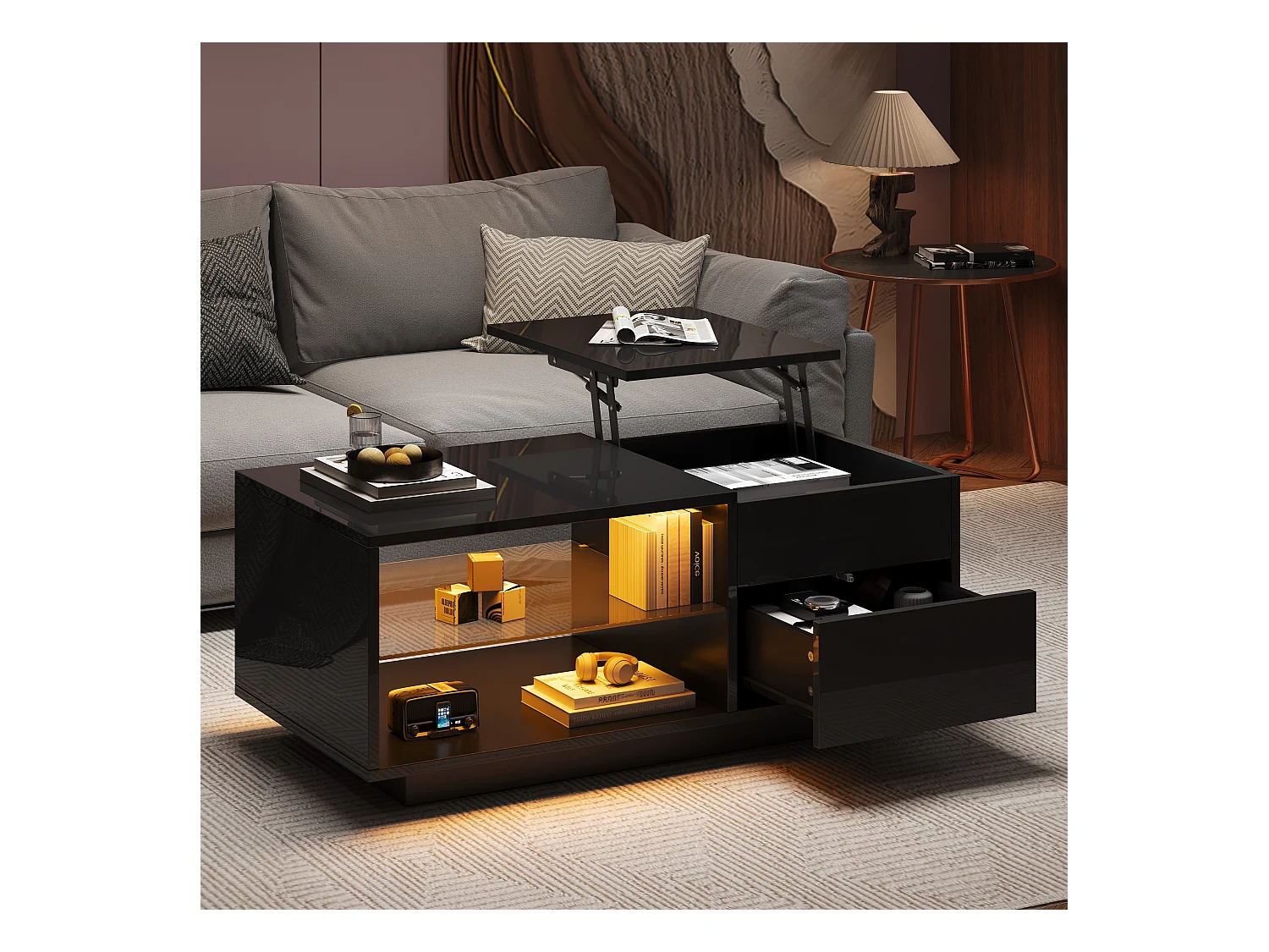 Table basse rectangle 100x49x40cm avec plateau relevable et 1 tiroir, tablette en verre, LED inclus, corps en noir laqué brillant
