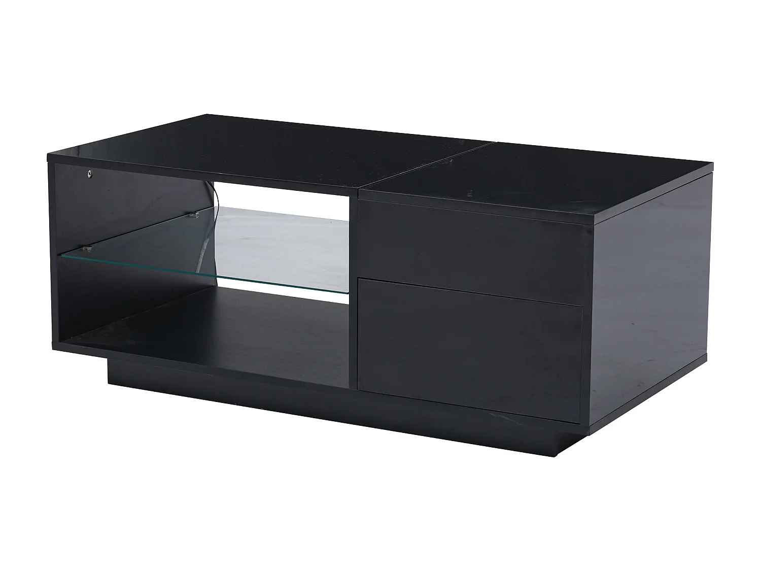 Table basse rectangle 100x49x40cm avec plateau relevable et 1 tiroir, tablette en verre, LED inclus, corps en noir laqué brillant