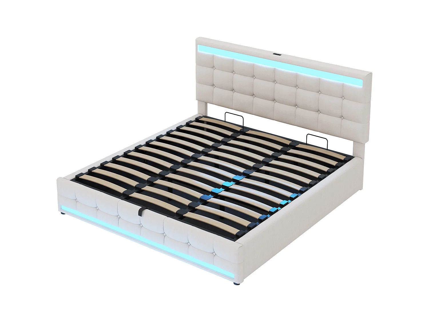lit coffre adulte 180x200cm avec LED et USB, tête de lit réglable en hauteur, tissu en lin beige, sans matelas