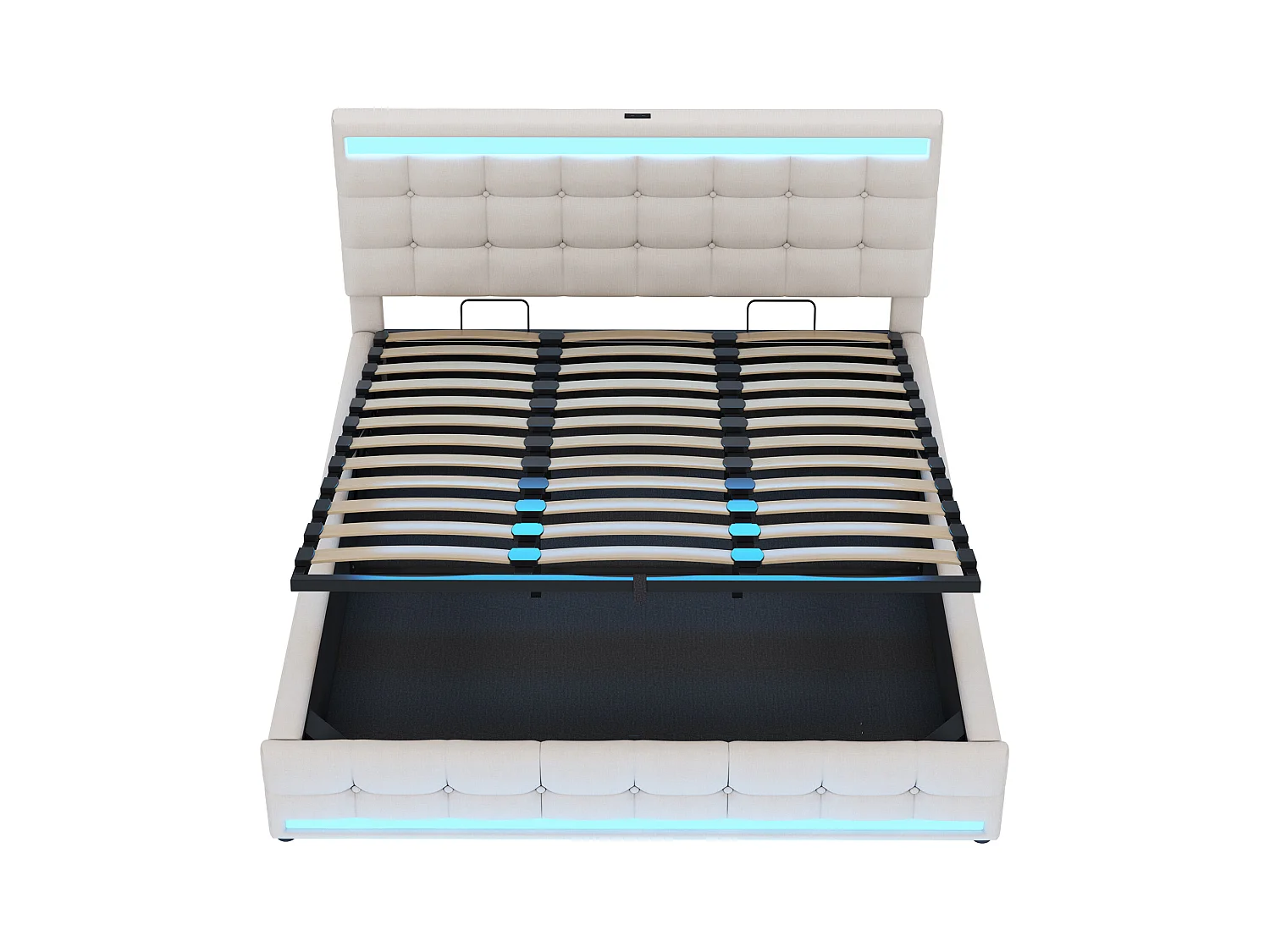 lit coffre adulte 180x200cm avec LED et USB, tête de lit réglable en hauteur, tissu en lin beige, sans matelas
